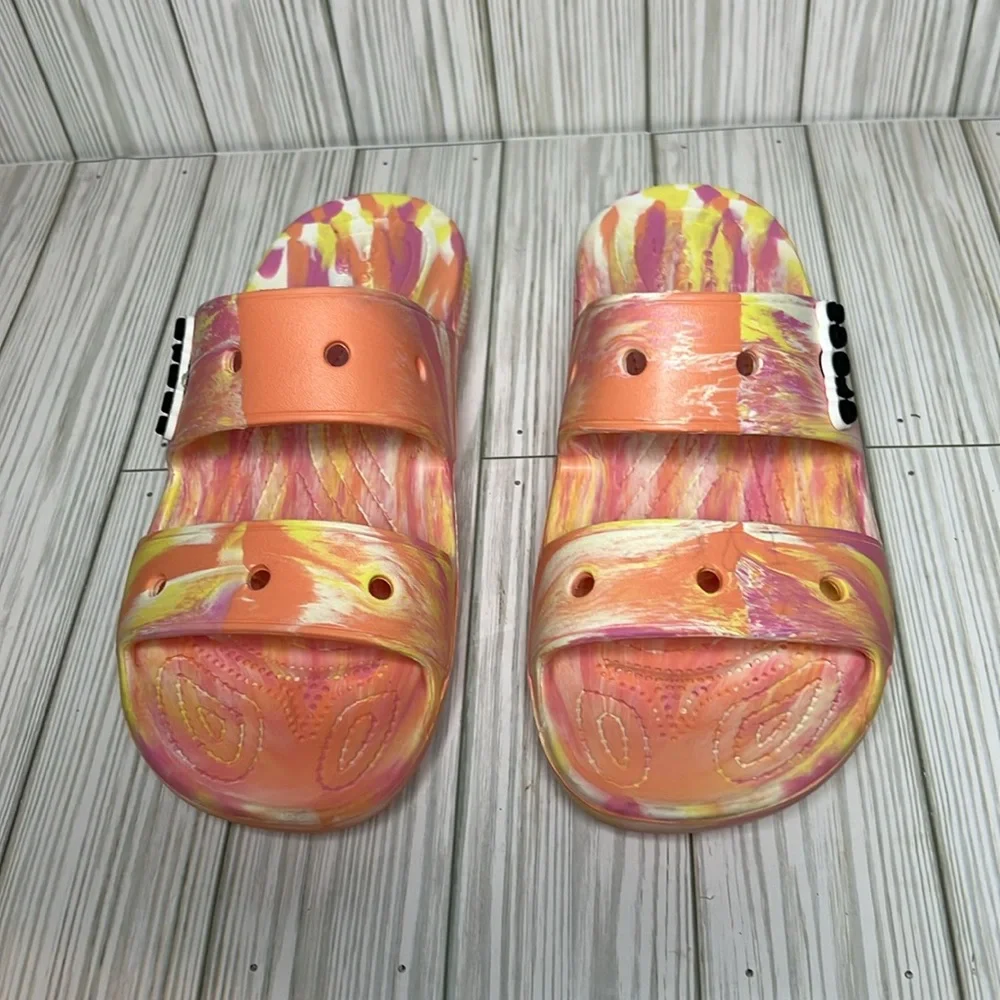 Crocs Women’s Classic Marbled Slides Orange Pink Yellow Sandals Size W 10 M 8 - Picture 2 of 9